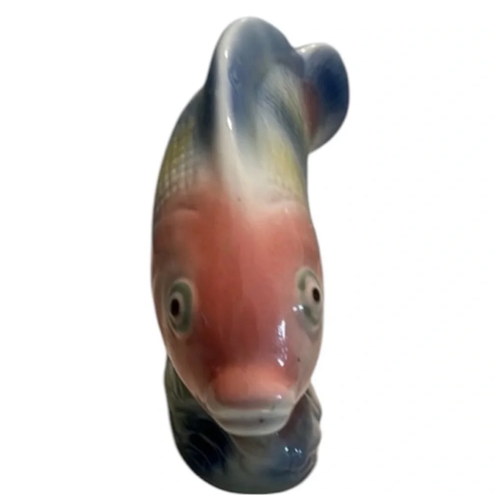 Ceramic Fish Figurine Coastal Nautical Beach Decor Blue Yellow Sculpture